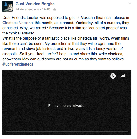 Post de Gust Van den Berghe sobre la cancelación de su película en Cineteca.
