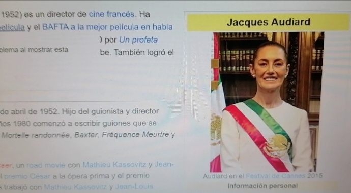 ¿Hackeo a la biografía en Wikipedia del director de «Emilia Pérez» con foto de la presidenta de&nbsp;México?